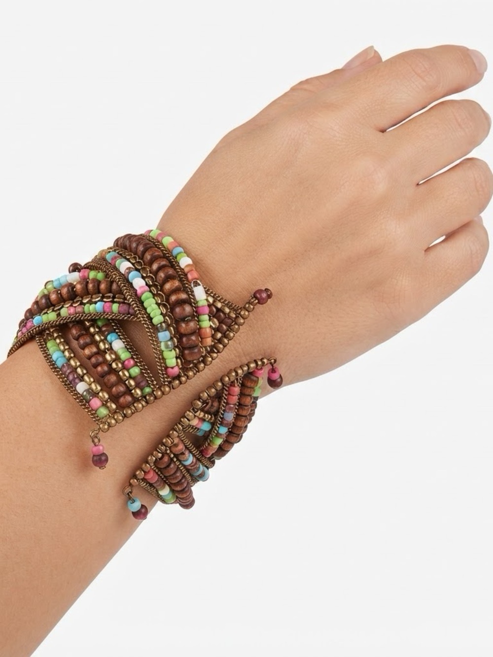 Boho Multicolor Seed Bead & Wood Wrap Bracelet